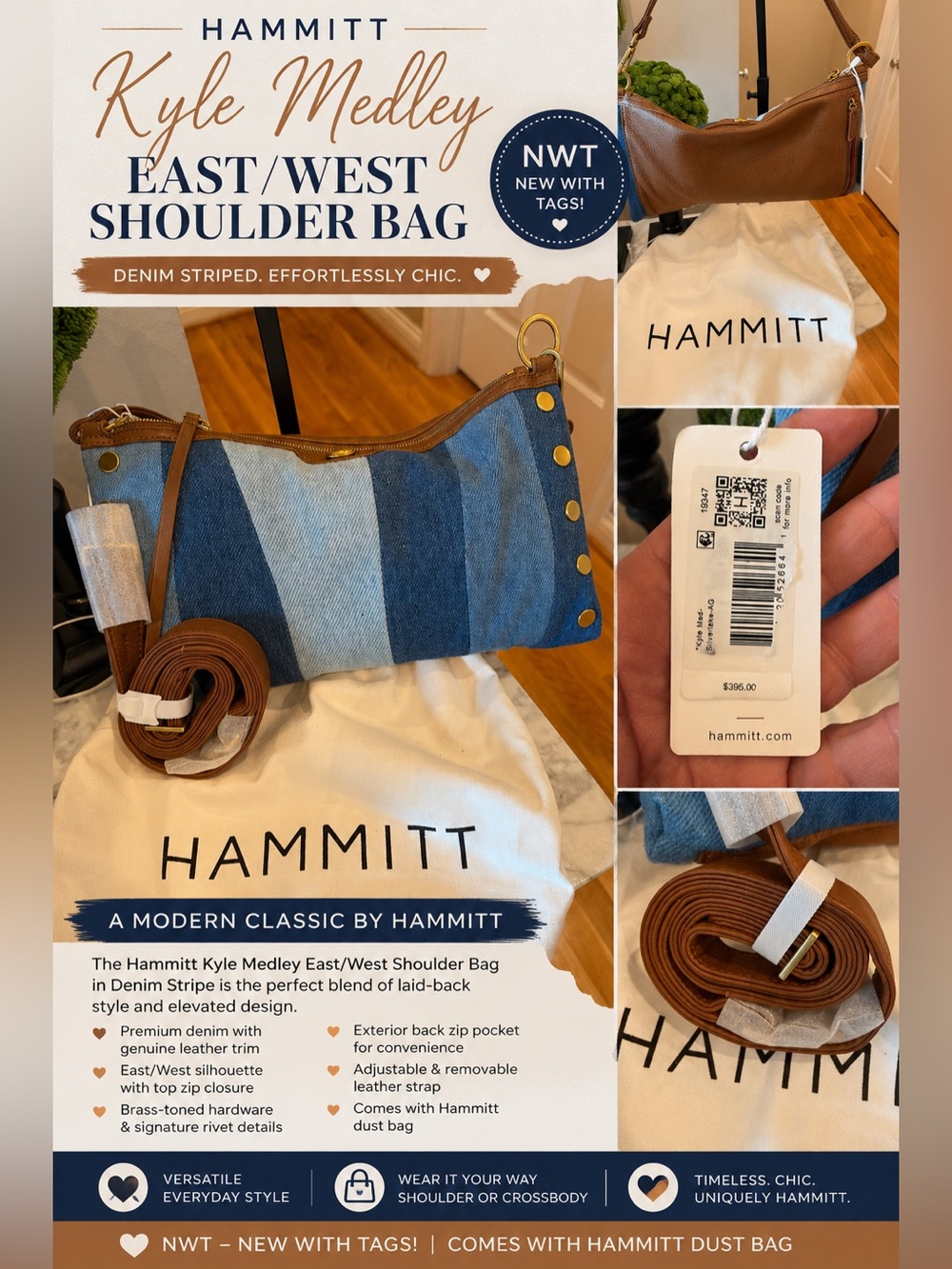 Hammitt Kyle Medley East/West Shoulder Bag — Denim Stripe - NWT $395 Retail